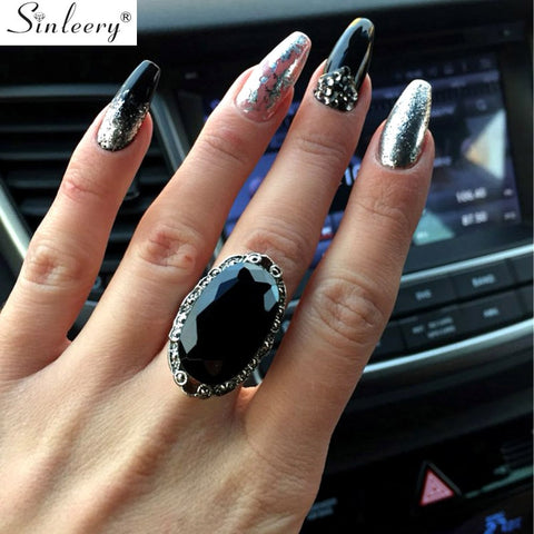 SINLEERY Vintage Big Black Oval Stone Rings For Women Size 6 7 8 9 10 Antique Silver Gold Color Jewelry Anel Jz516 SSC