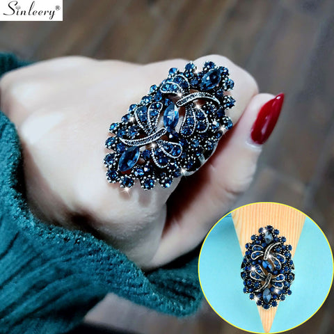 SINLEERY Vintage Big Hollow Blue Rhinestone Dragonfly Rings Women Antique Silver Color Wedding Party Jewelry JZ565 SSC